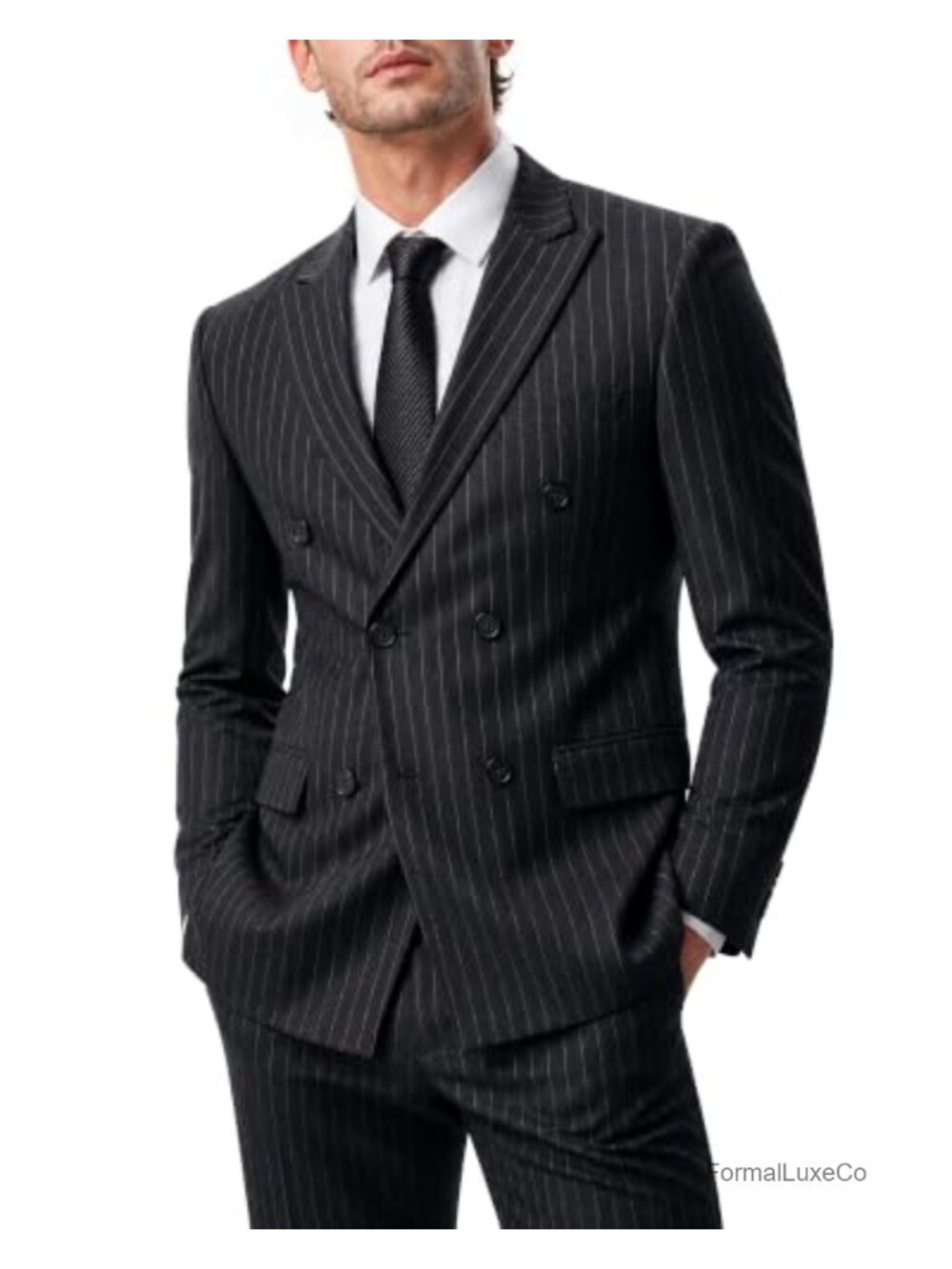Men's Double-Breasted 2-Piece Stripe Suit with Tie Slim Fit